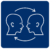 The communication access symbol is a blue square. Inside the square is the outline of two white heads which are facing each other. There are clockwise arrows, one above and one below the heads showing that communication is a two way process. Both heads have ears, eyes and a mouth showing that listening, looking, understanding and speech are all important in communication access.